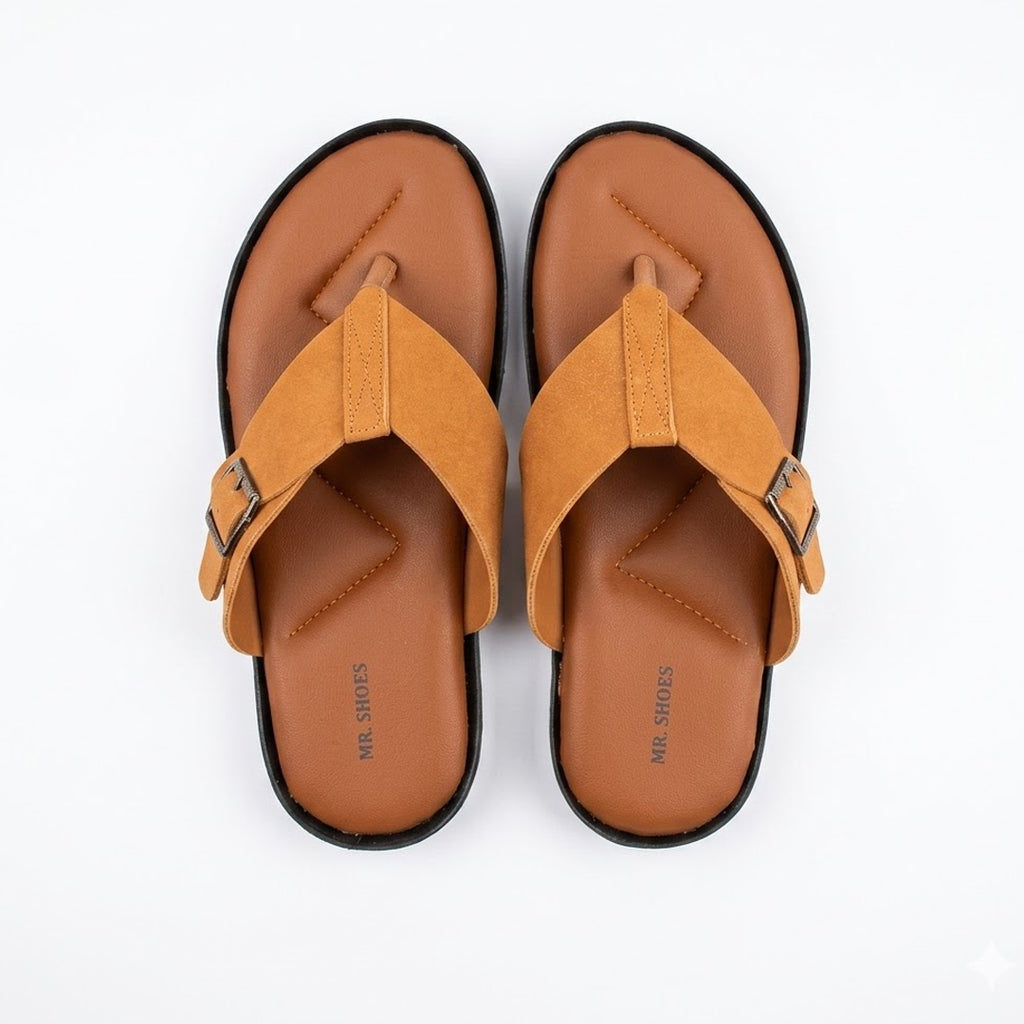 Musturd Suede Thong Slippers with Buckle Detail