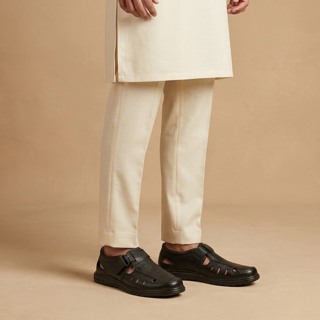 Black Leather Sandals with Velcro Strap and Cut-Out Design