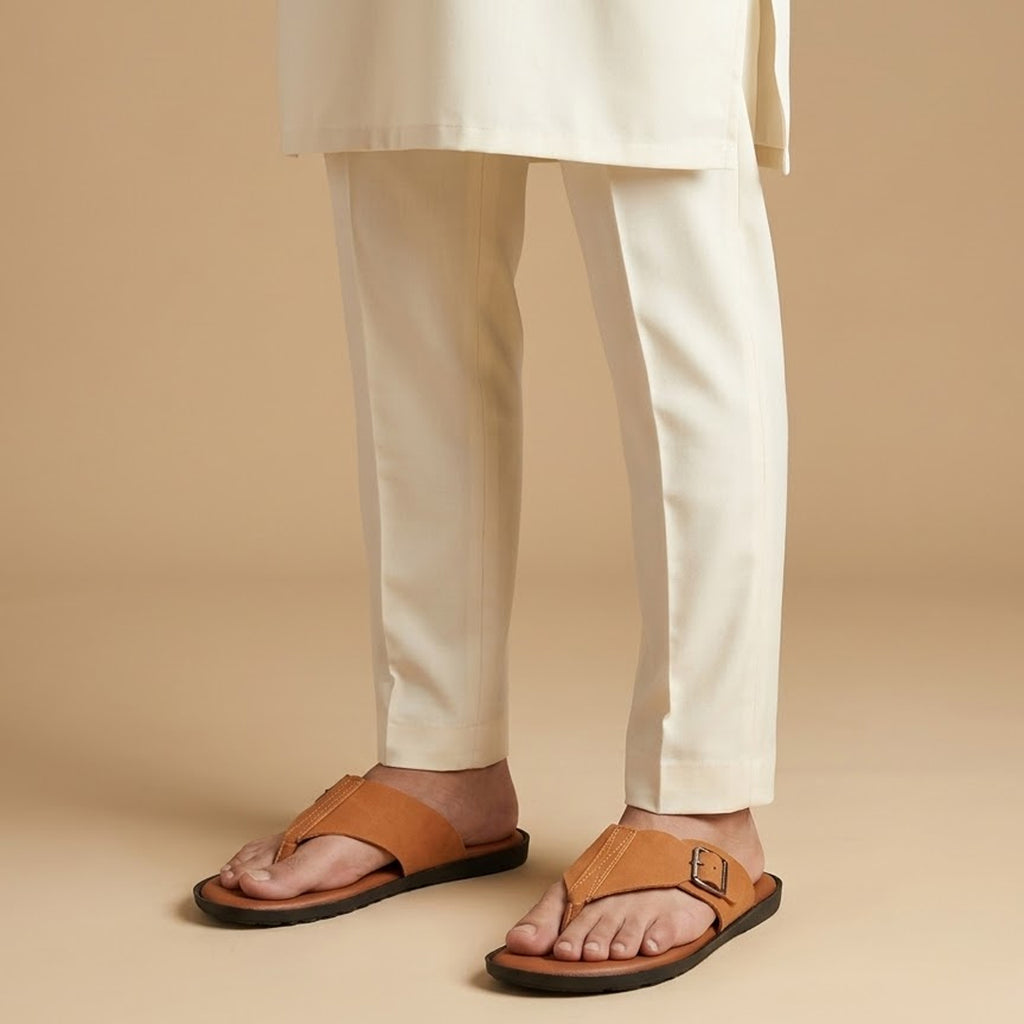 Musturd Suede Thong Slippers with Buckle Detail