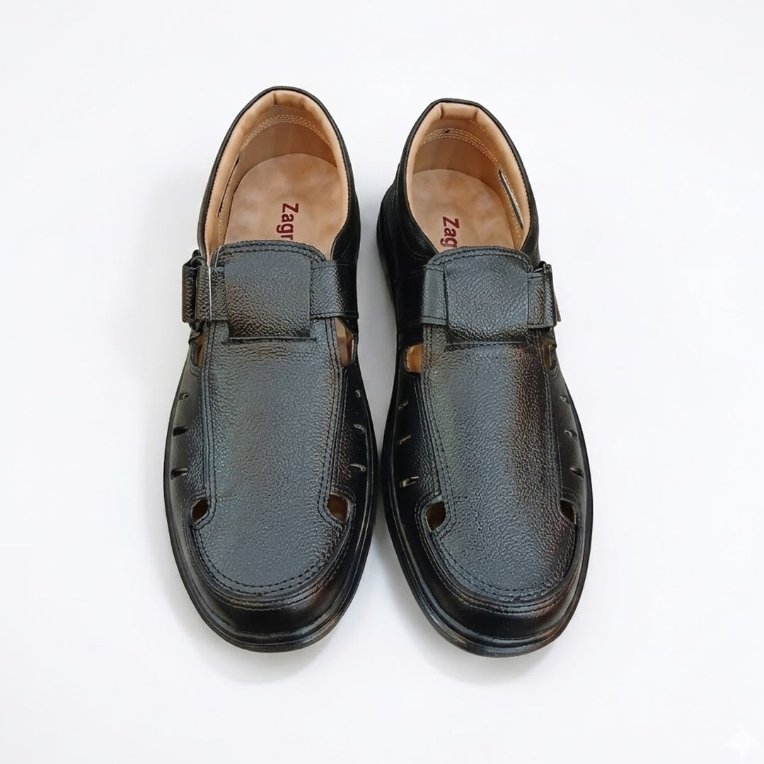 Black Leather Sandals with Velcro Strap and Cut-Out Design