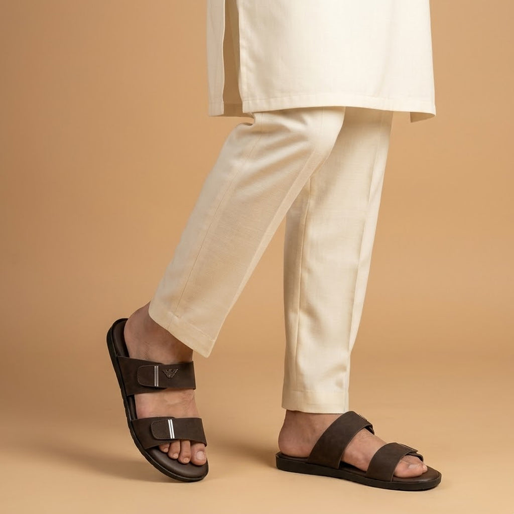 Brown Slip-On Slippers with Adjustable Straps and Silver Detailing