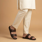 Brown Slip-On Slippers with Adjustable Straps and Silver Detailing