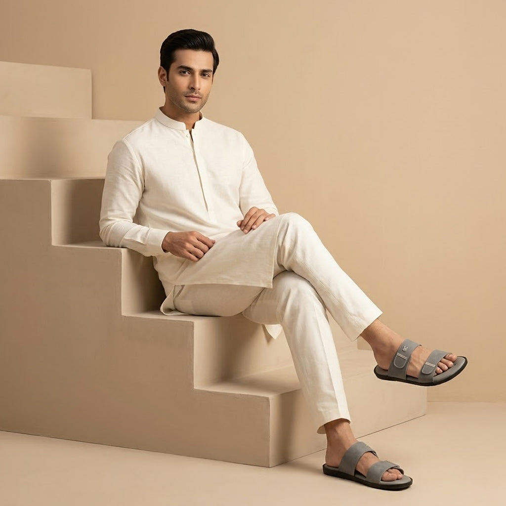 Grey Slip-On Slippers with Adjustable Straps and Silver Detailing