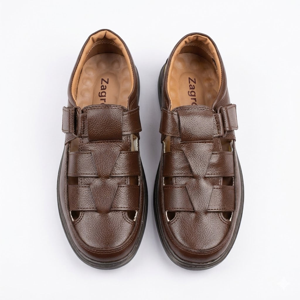 Brown Leather Sandals with Strap and Woven Design