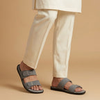 Grey Slip-On Slippers with Adjustable Straps and Silver Detailing