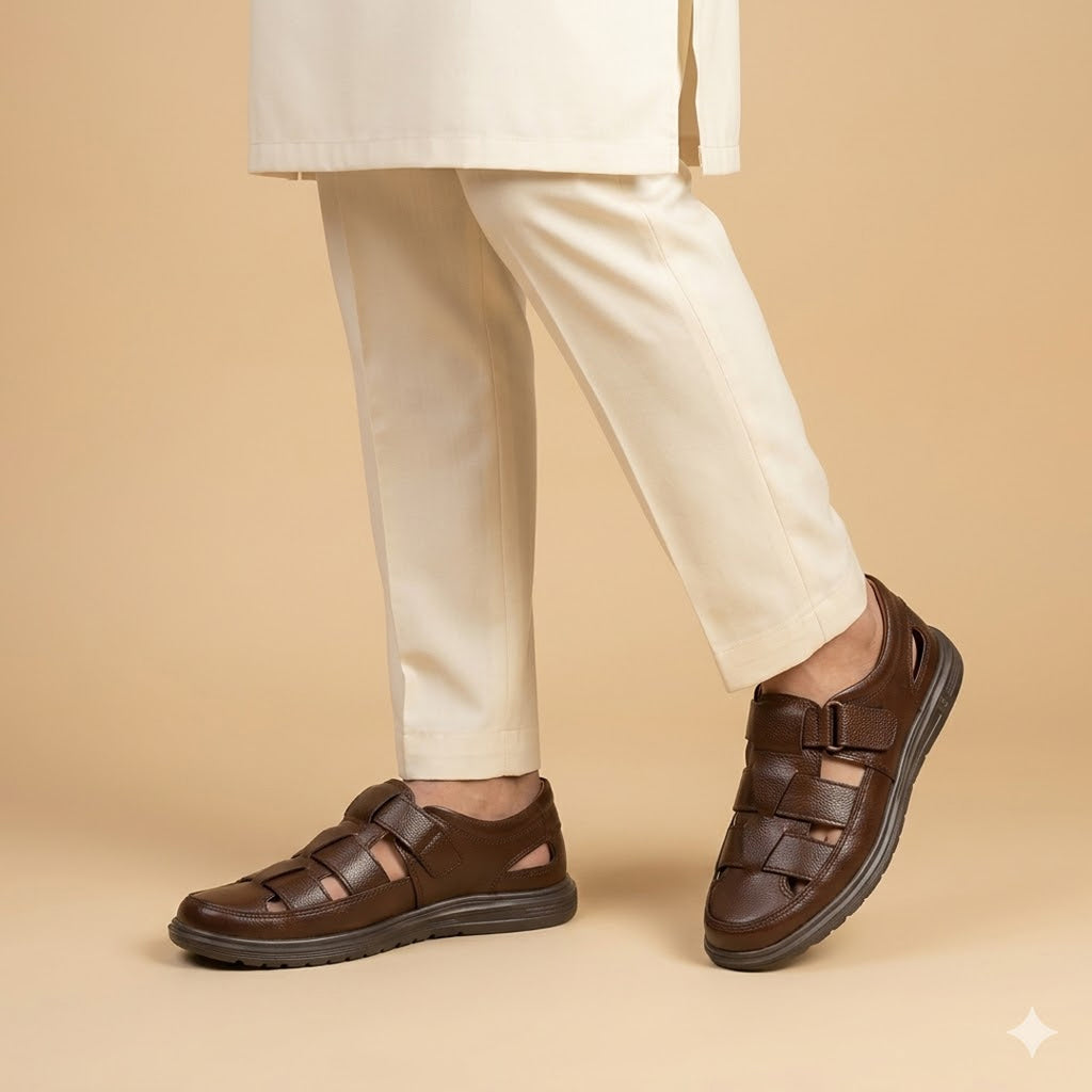 Brown Leather Sandals with Strap and Woven Design