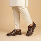 Brown Leather Sandals with Strap and Woven Design