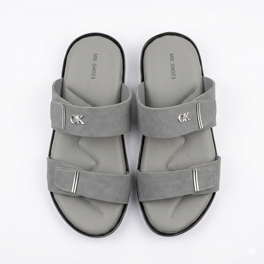Grey Slip-On Slippers with Adjustable Straps and Silver Detailing