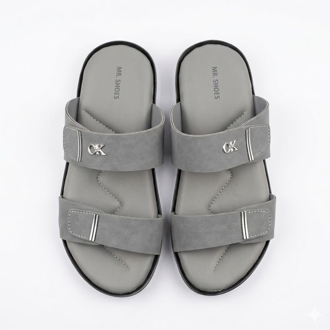 Grey Slip-On Slippers with Adjustable Straps and Silver Detailing