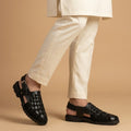 Black Woven Leather Sandals with Adjustable Buckle