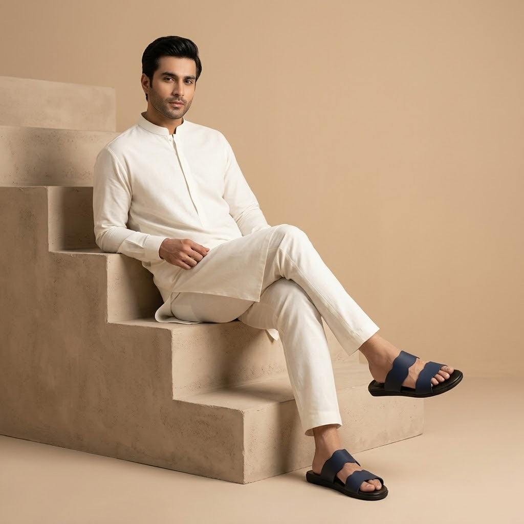 Sleek Navy Blue Double Strap Slide Sandals