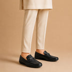 Black Leather Loafers with Silver Horsebit Detail