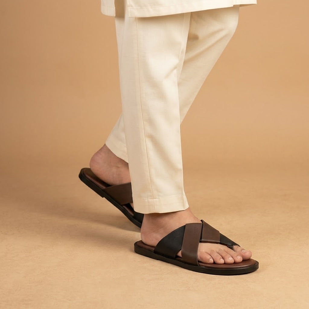 Chic Brown and black Cross-Strap Slippers