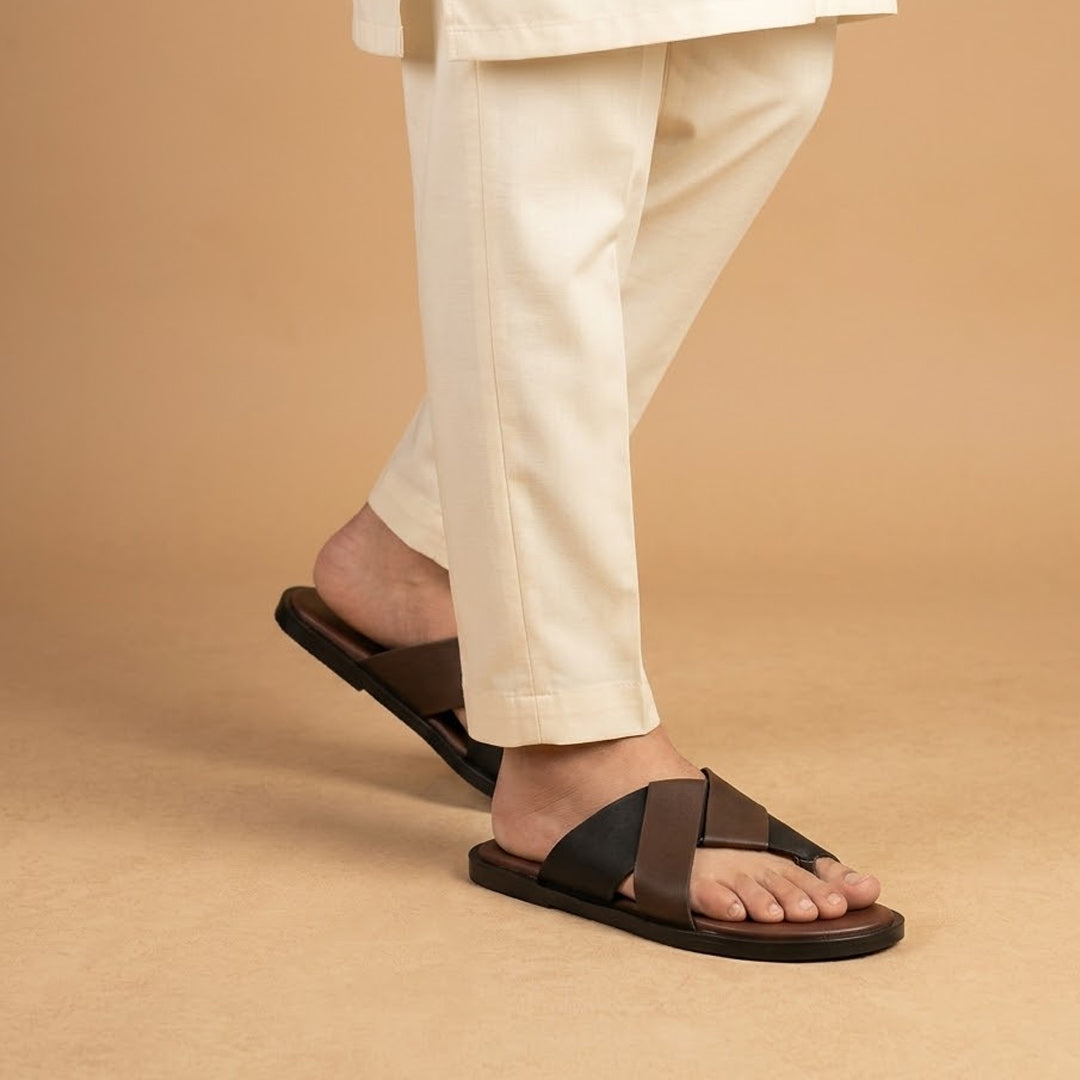 Chic Brown and black Cross-Strap Slippers