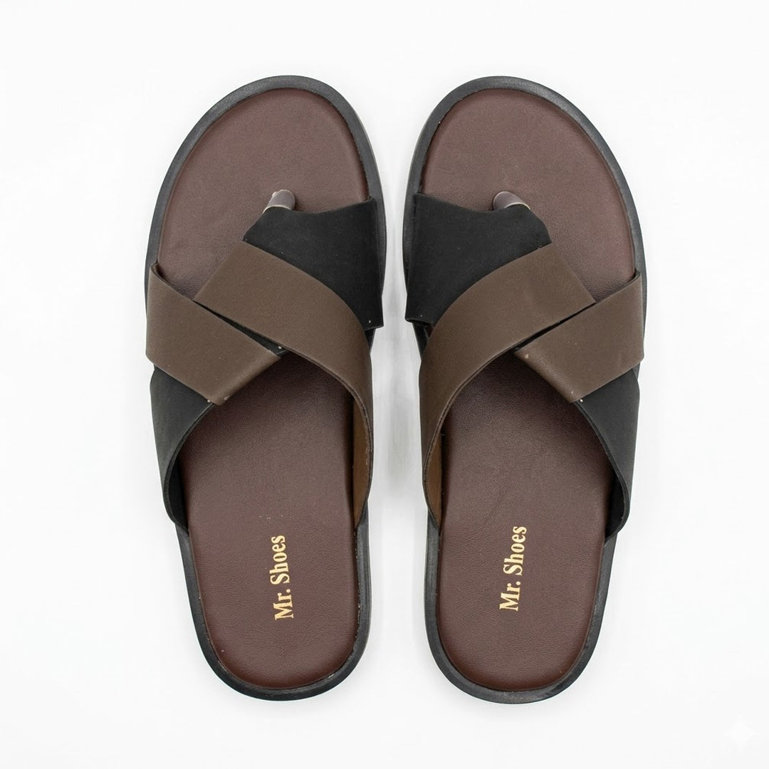 Chic Brown and black Cross-Strap Slippers