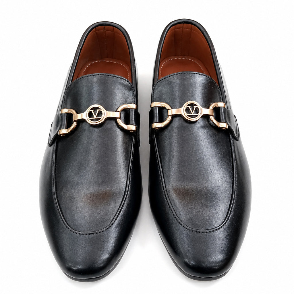 Sleek Black Leather Loafers with Gold Accent