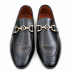 Sleek Black Leather Loafers with Gold Accent