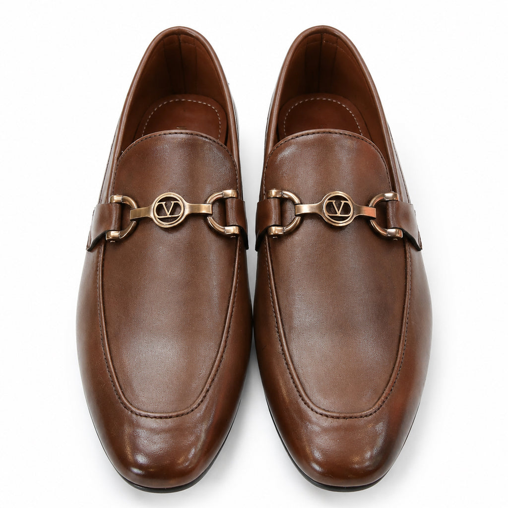 Sleek Brown Leather Loafers with Gold Accent