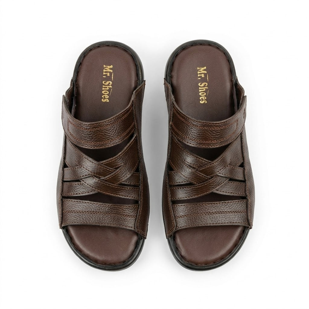 Brown Leather Cross-Strap Slippers