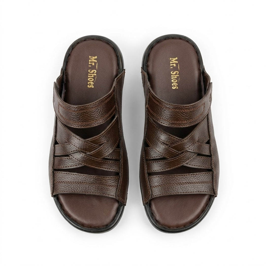 Brown Leather Cross-Strap Slippers