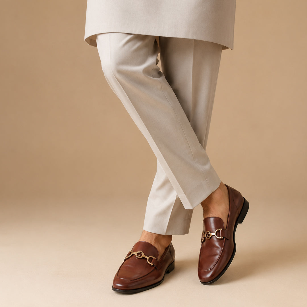 Sleek Brown Leather Loafers with Gold Accent