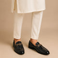 Sleek Black Leather Loafers with Gold Accent