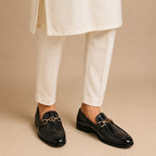 Sleek Black Leather Loafers with Gold Accent