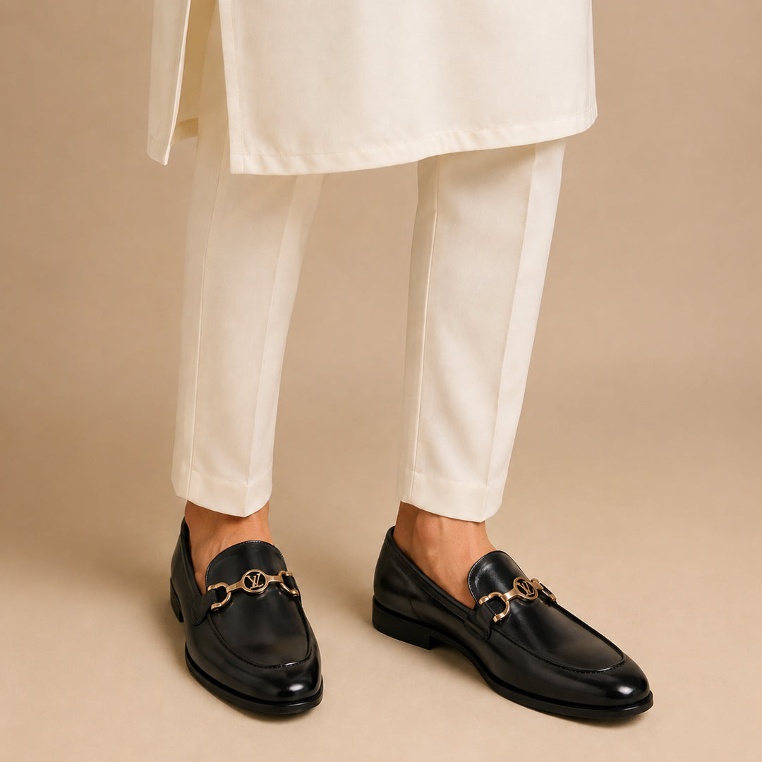 Sleek Black Leather Loafers with Gold Accent