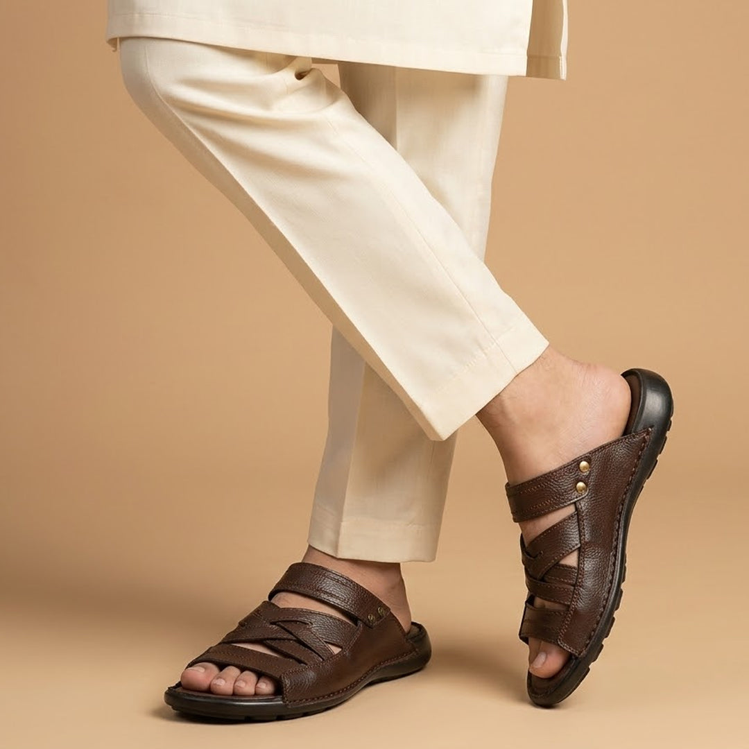 Brown Leather Cross-Strap Slippers