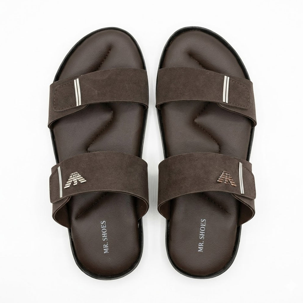 Brown Slip-On Slippers with Adjustable Straps and Silver Detailing