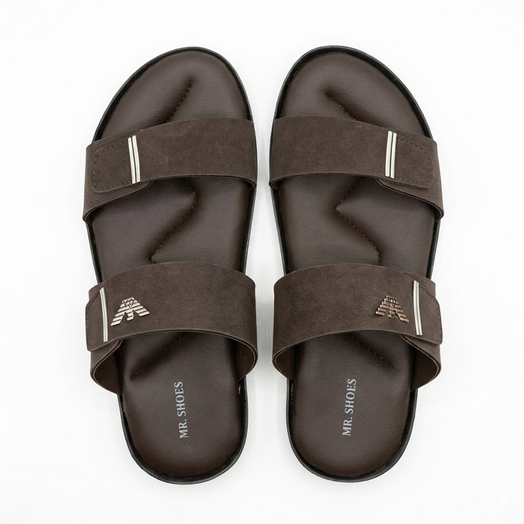 Brown Slip-On Slippers with Adjustable Straps and Silver Detailing